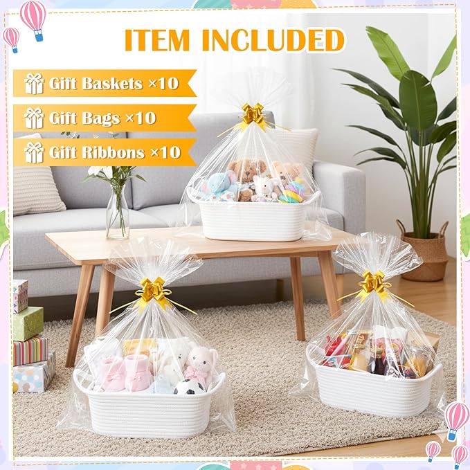 10 Pack Empty Gift Baskets, 12x8x5 Small White Woven Cotton Rope Baskets with Gift Bags & Ribbons, Decorative Baby Shower Hamper, Nursery Storage Basket with Handles for Shelves - Image 2