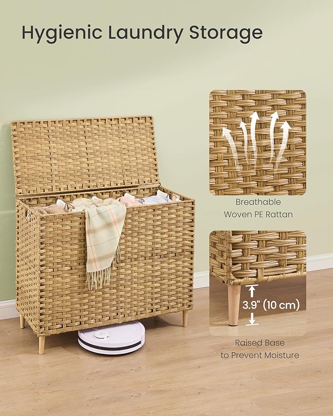 SONGMICS 4-Section Laundry Hamper with Lid, 55.4 Gal (210L) PE Rattan Laundry Basket with Removable Washable Liners, for Bedroom & Living Room, Goose Yellow ULCB224YE01 - Image 5