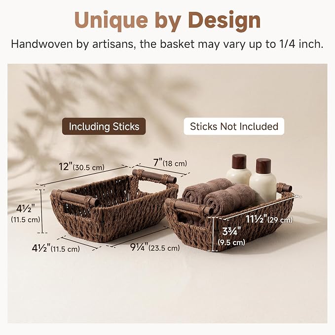 StorageWorks Small Baskets for Organizing, Woven Basket for Shelves | Wicker Storage Baskets for Shelves, Baskets with Wooden Handles, 2-Pack Gifts Basket for Home Decor, Hand-Woven Basket - Image 3
