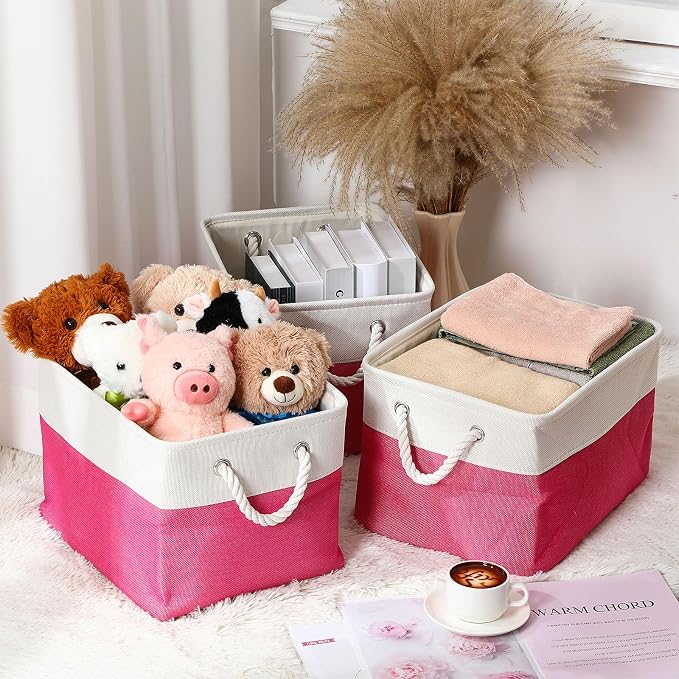 FoldTier 10 Pack Large Collapsible Fabric Storage Baskets with Handles Decorative Storage Bins for Organizing Shelves Toys Clothes (Rose & White,16 x 12 x 10 Inches) - Image 5
