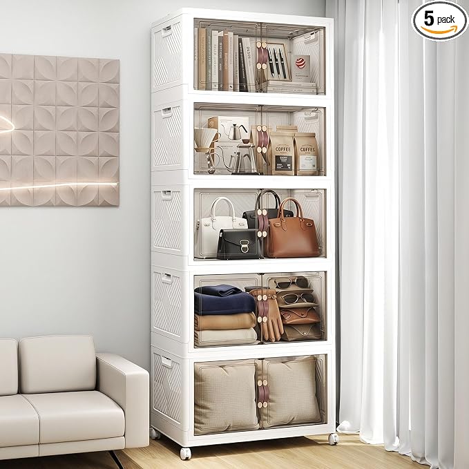 Stackable Storage Bins with Lids, 550QT Lockable Storage Cabinet | Closet Organizers, Foldable Storage Box with Doors and Wheels, Plastic Drawers for Home, Garage, Office (5, White, Plus) by UAMFURIDirect