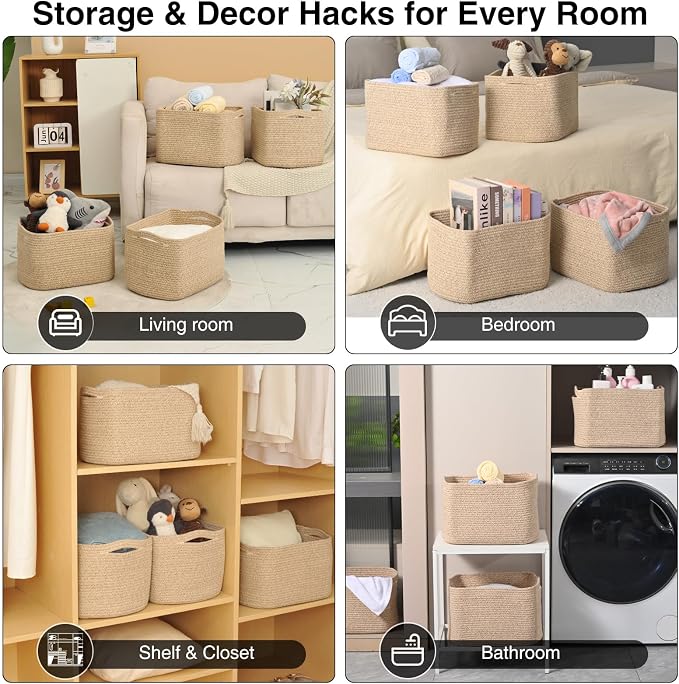 ICERZCZ Rope Storage Baskets for Organizing, 15x11x9 Mixed Brown 4 Packs | Woven Cotton Rope Baskets for Shelves, Organization Bins for Dog Toys Clothes Books, Nursery Bathroom Bedroom Organizer - Image 4