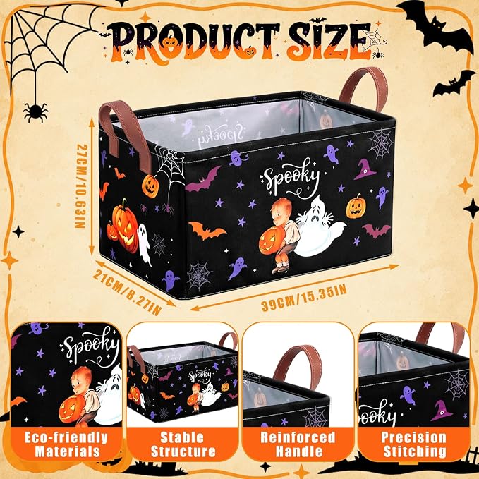 CHENGU Halloween Storage Bin Collapsible Halloween Basket for Gifts Buffalo Plaid Holiday Decor Large Pumpkin Basket Foldable Trick or Treat Box with Handle for Bedroom Office Home - Image 3