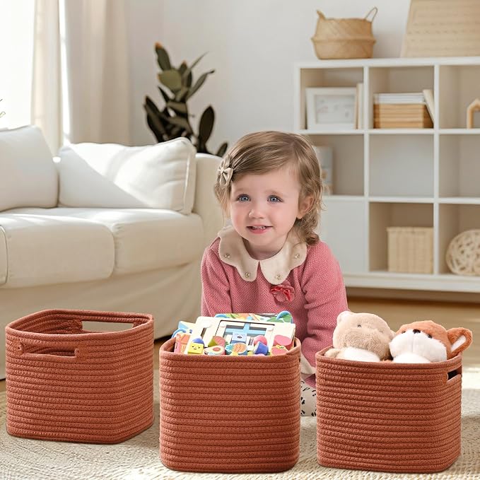 3 Pack Cube Storage Bin, 9”x9”x7” Cotton Rope Woven Baskets for Organizing Toys Clothes Towels, Square Gift Storage Baskets for Shelves, Nursery, Closet, Bathroom, Pantry (Red) - Image 2
