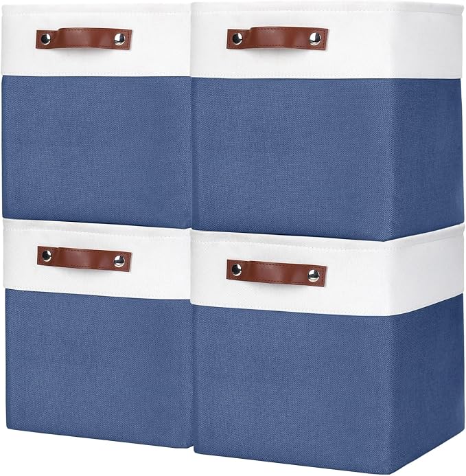 Collapsible Fabric Storage Cubes 11x11 Cube Storage Bins, 4 Pack Closet Baskets Box with Handles for Organizing, Shelf, Toys, Clothes, Home, Office, Nursery (Navyblue&White) by Bagnizer