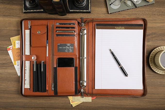 Brown Leather Padfolio for Women/Men, Business Leather Binder 3 Ring Portfolio, Personalized Leather Portfolio Binder, Zippered Portfolio Organizer for A4 Notepad & 13-inch Laptop/Tablet - Image 5