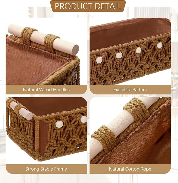 Vesici 4 Pcs Rustic Brown Macrame Storage Basket for Shelves 13 in 11 in Boho Basket Hand Woven Boxes with Wood Handles Beads Decorative Countertop Toilet Tank Cabinet Organizer for Home Room Decor - Image 3