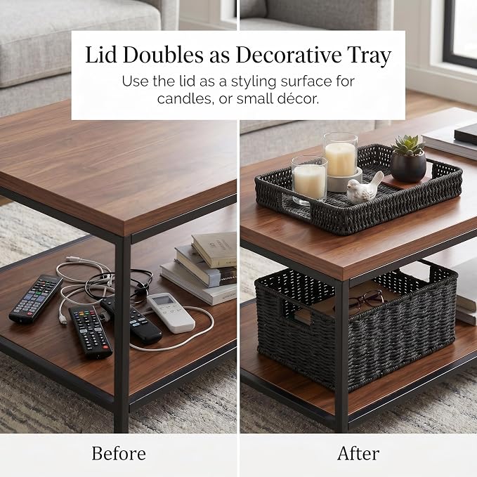 Wicker Storage Basket with Lid for Shelves, Set of 2, Black | One rectangular wicker basket with lid and one open basket for decorative shelf storage; removable lid flips into a tray. - Image 4