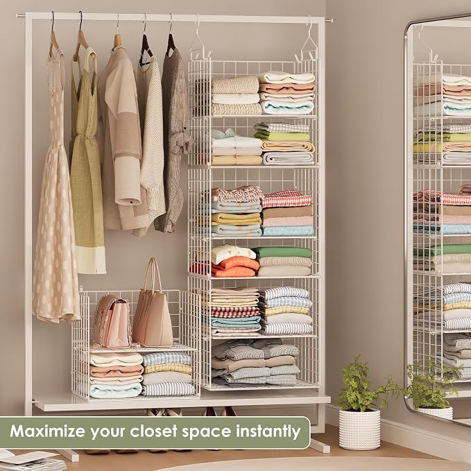 X-cosrack 8-Tier Closet Hanging Organizer Shelf - Hanging Clothes Organizer Shelves, Metal & Foldable Hanging Closet Organizer Baskets with Adjustable Dividers for Clothing Sweaters Shoes Handbags - Image 6