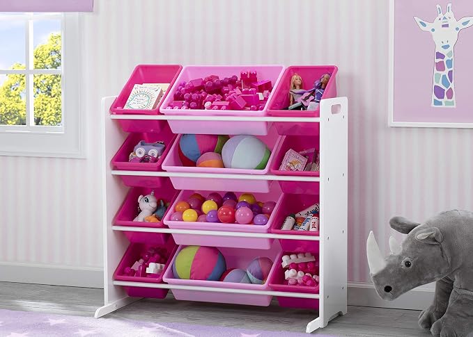 Delta Children Kids Toy Storage Organizer with 12 Plastic Bins - Greenguard Gold Certified, White/Pink - Image 2