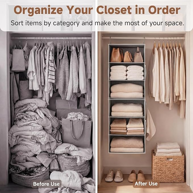 StorageWorks 6-Shelf Jumbo Closet Organizers, Two 3-Shelf Separable Hanging Shelves for Closet, 13" D x 15" W x 47 ¼"H，Gray - Image 4