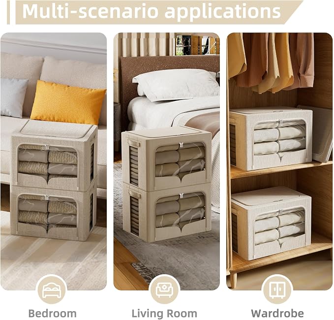 FHSQX 3 Pack Clothes Storage Bins - Foldable Metal Frame Storage Box - Stackable Linen Fabric Container Organizer Set with Carrying Handles and Clear Window (Beige, 16.5x12.2x12.2inch(40L)) - Image 2