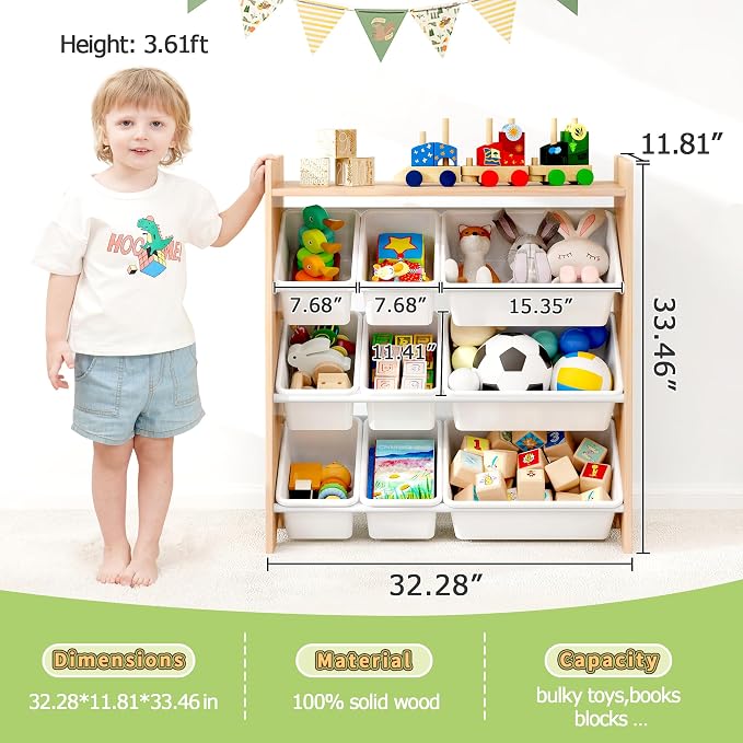 MallBest Kids Toy Organizer with 9 Bins – 4-Tier 100% Solid Wood Storage Shelf for Playroom or Nursery, Natural Wood Kids Storage Cabinet - Image 3