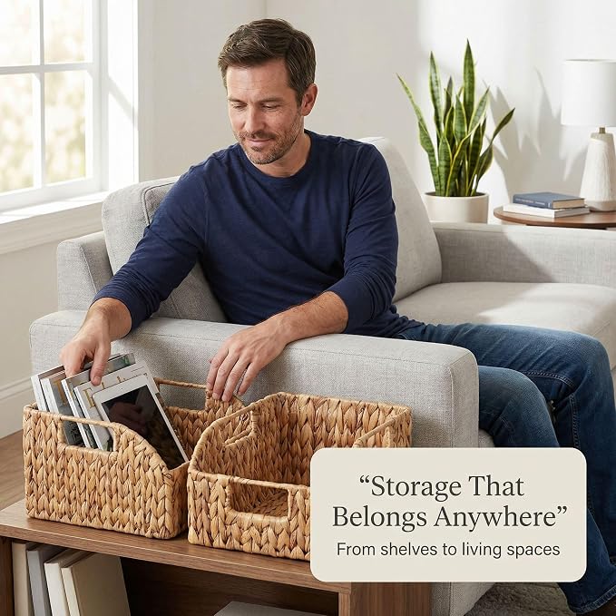 DEILSY™ Water Hyacinth Wicker Storage Baskets for Shelves with Handles 2pk | wicker basket with built-in handles, woven basket, ideal for towels, toys, pantry items and everyday home organization - Image 5