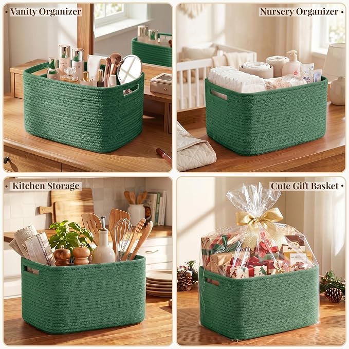 OIASKET 4Packs Natural Cotton Rope Storage Baskets for Organizing Toys, Clothes, Towels & Books, Soft Versatile Organizers for Shelves, Home Decorative Bins, 13''Lx9''Wx7.8''H, Green - Image 8
