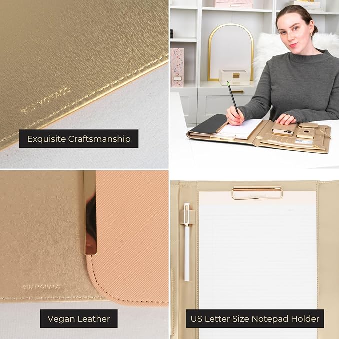 BLU MONACO | Peach Beige Vegan Leather Padfolio | Professional Portfolio Binder with Magnetic Closure and Gold Trim | 8.5 x 11 Business Organizer Case for Women - Image 5