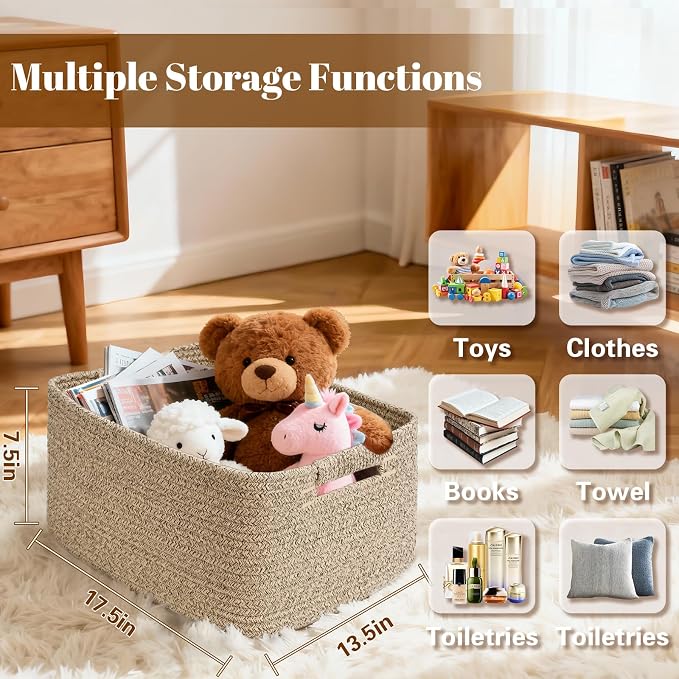 3 Pack Large Storage Basket for Organizing, 17.5"x13"x7" Woven Basket for Shelves, Closet Cube Storage Bins with Wrapped Handle, Cotton Rope Baskets for Kitchen, Clothes, Toys(Natural)) - Image 2