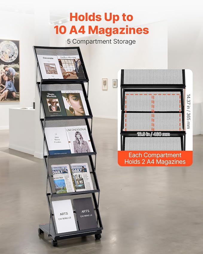 VEVOR Brochure Display Rack, Foldable 5 Pockets Magazine Literature Display Stand, Movable Floor Standing Magazine Rack with Wheels, Metal Newspaper Catalog Holders for Shop Exhibitions Office Show - Image 2