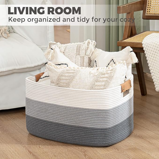 Blanket Basket, 72L Rectangle Large Basket for Living Room, Baby Room & Laundry, Woven Cotton Rope Toy Bin Baby Nursery Room Storage, 22’’*17’’*11.8’’, Gradient Grey - Image 3