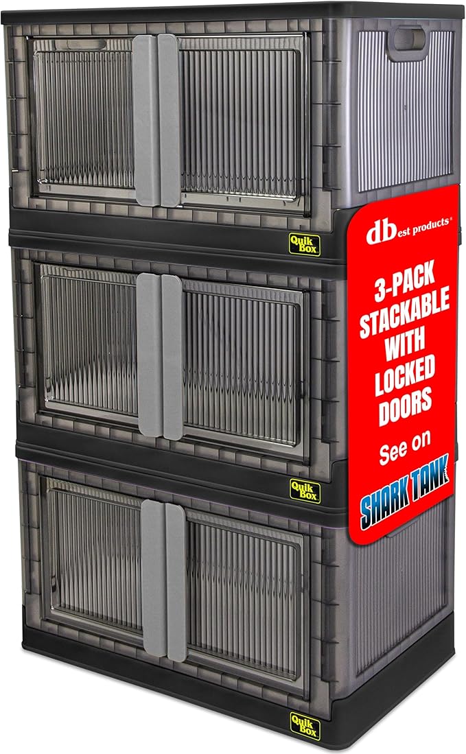 Quik Box - 19 Gallon 3 Pack Stackable Storage Bins with Doors, Collapsible Organizer Foldable Container, for Bedroom Living Room Neat, Tidy Dorms and Organized Homes, Boxes by dbestproductsInc