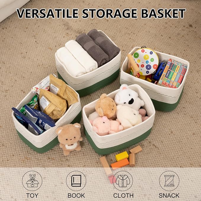 OIASKET 4 Pack Storage Baskets for Organizing, 13"X9"X7.87", Decorative Cotton Rope Baskets for Shelves, Small Woven Basket for Toys, Books and Towels, Green & White - Image 2