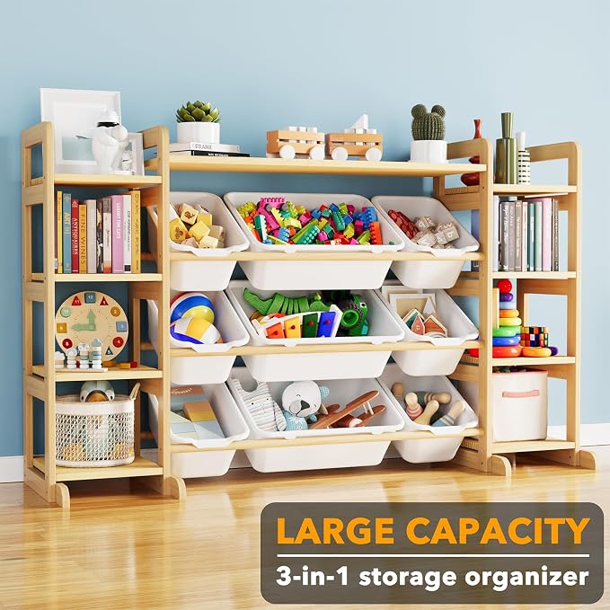SpaceAid Large Toy Storage Organizer 9 Shelves 9 Bins, Toy Organizers Storage Bookshelf, Kids Bin Shelf Toys Box Bookcase for Bedroom Playroom Organization Room Decor, White - Image 4