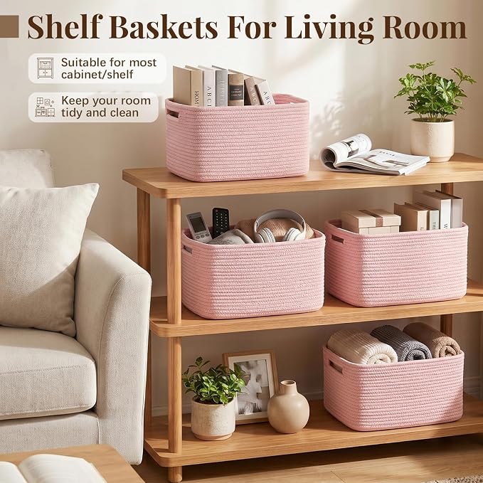 OIASKET 4Packs Natural Cotton Rope Storage Baskets for Organizing Toys, Clothes, Towels & Books, Soft Versatile Organizers for Shelves, Home Decorative Bins, 13''Lx9''Wx7.8''H, Pink - Image 6