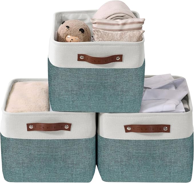 DECOMOMO Storage Bins, Large Fabric Storage Baskets for Shelves 3 Pack | 15 x 11 x 9.5 inches Decorative Linen Closet Organizers (Green & White) by DECOMOMO