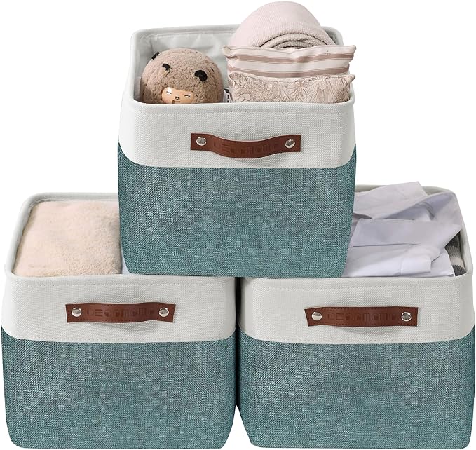 DECOMOMO Storage Bins, Extra Large Fabric Storage Baskets for Shelves 3Pack | 15.8 x 12.5 x 10 inches Decorative Linen Closet Organizers (Green & White) by DECOMOMO