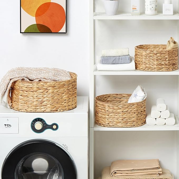 Wicker Basket, 3-Pack Hand-Woven Water Hyacinth Wicker Storage Basket with Handles, Large Woven Storage Baskets for Shelves, Round Storage Baskets for Organizing & Decor - Image 9