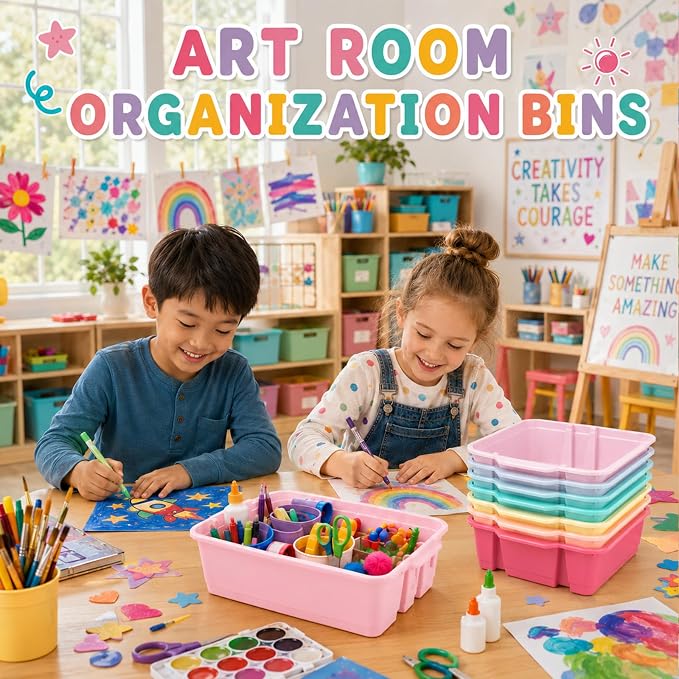 6 Pack Plastic Book Bins For Classroom Stackable Classroom Organizer with Handle Cubby Bins for School Library Office Home Nursery Playroom Organization(Pink Purple) - Image 7