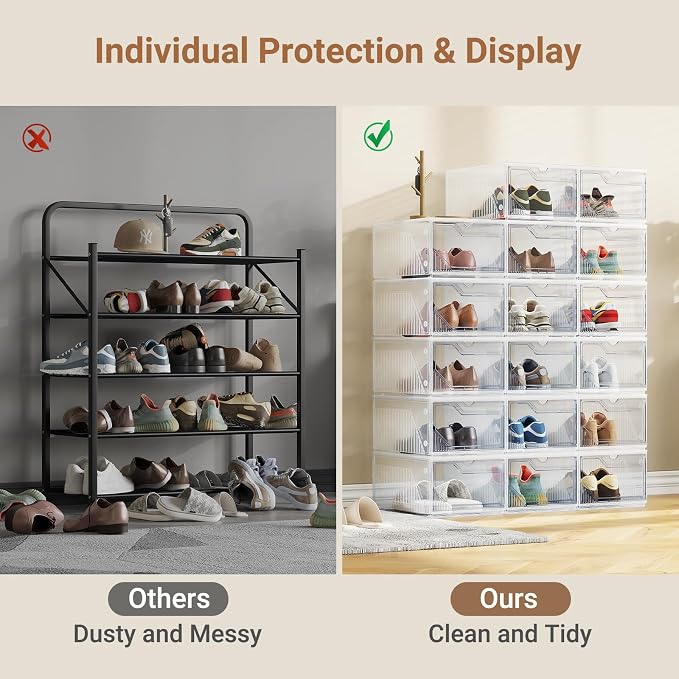 BROVIEW XX-Large Shoe Sneaker Storage Boxes for Size 14, 8 Pack Shoe Boxes | Stackable & Thicken Clear Plastic Shoe Organizers for Entryway Closet, Shoe Container Display Case w/ Magnetic Door - Image 7