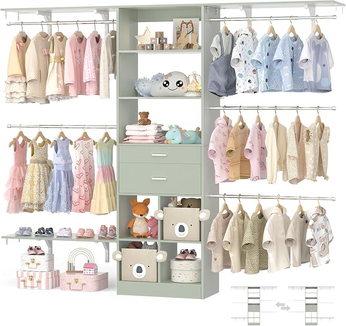 Closet System - 4.75-8FT Closet Organizer System with Wooden Drawers & Cube Storage Organizer, Up To 96" Closet Systems for Nursery & Walk-In Closets with Cuttable Hanging Shelving, Crab Green by Besiost