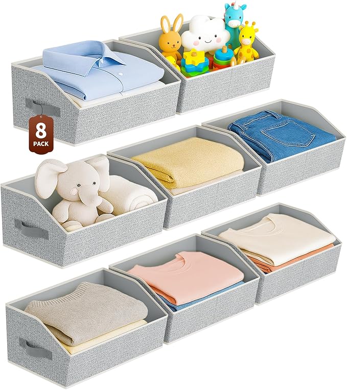 Large Closet Organizers and Storage Bins - 8 Pack Trapezoid Storage Baskets for Shelves, Foldable Fabric Baskets with Handles Ideal for Closet, Basket, Wardrobe and Shelf Storage, Light Grey by Homsorout