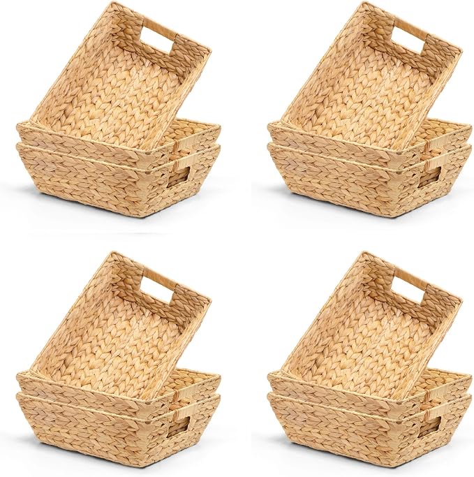 M4DECOR Set of 12 Water Hyacinth Wicker Storage Baskets for Shelves – Woven Snack Baskets for Organizing Pantry, Closet – Natural Storage Bins with Handles (12 Packs) by M4DECOR