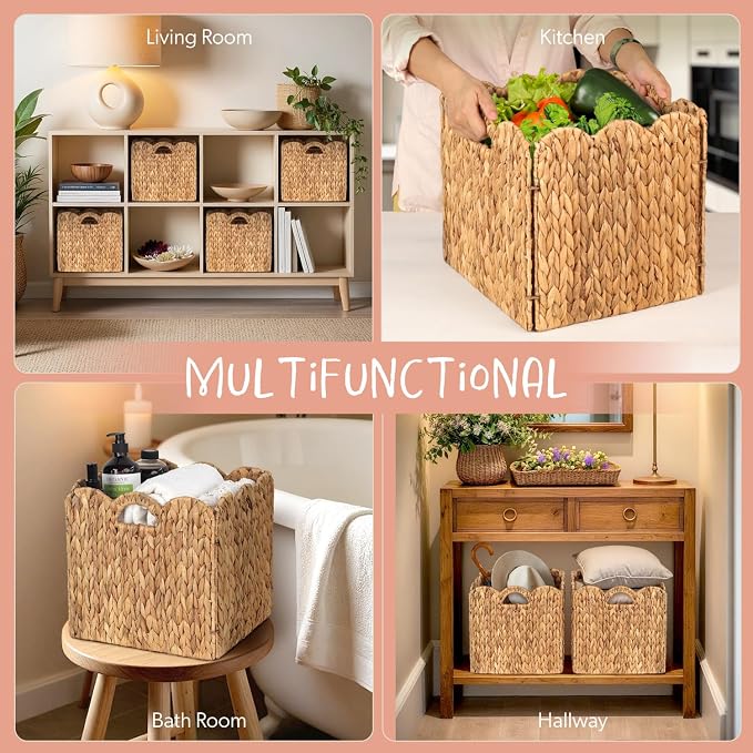 Set of 4 Foldable Scalloped Water Hyacinth Storage Cubes Basket, Storage Cube Bins -12"x12"x12", Collapsible Cube Organizers, Water Hyacinth Woven Bins for Bathroom, Bedroom, Laundry, Pantry, Shelves - Image 7