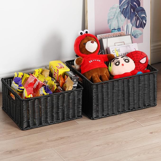 HOONEX Large Wicker Baskets for Storage, Plastic Baskets for Organizing with Dual Handles, Woven Baskets for Storage, Set of 2, (Black, 15 x 12.8 x 7.5 inches) - Image 7