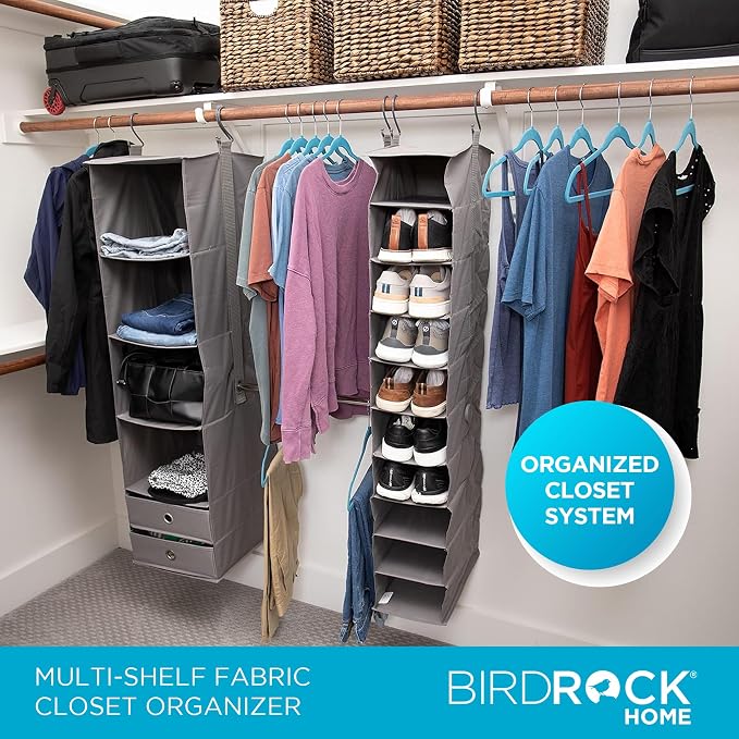 BIRDROCK HOME 5pc Hanging Closet Organizer System with Storage Shelves - Grey - Shoe Clothing Organization - Great for College Dorms or Kid Bedrooms Nursery - Image 4