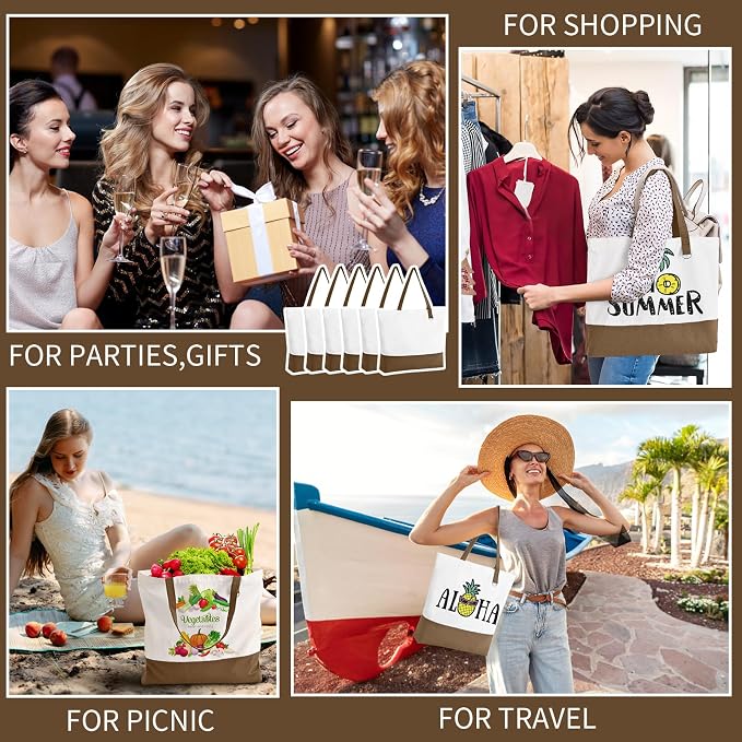 1 Pack Canvas Tote Bag with Zipper, Large Reusable Grocery Tote, Khaki | Blank bag, washable, inner pocket, flat bottom, sturdy handle, for sublimation DIY/transfer, travel/beach/Christmas crafts - Image 7