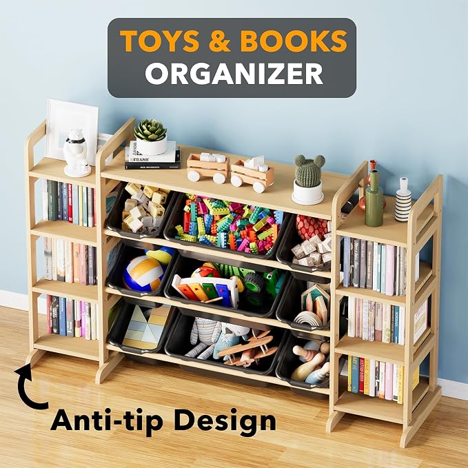 SpaceAid Large Toy Storage Organizer 9 Shelves 9 Bins, Toy Organizers Storage Bookshelf, Kids Bin Shelf Toys Box Bookcase for Bedroom Playroom Organization Room Decor, Neutral Gray - Image 4
