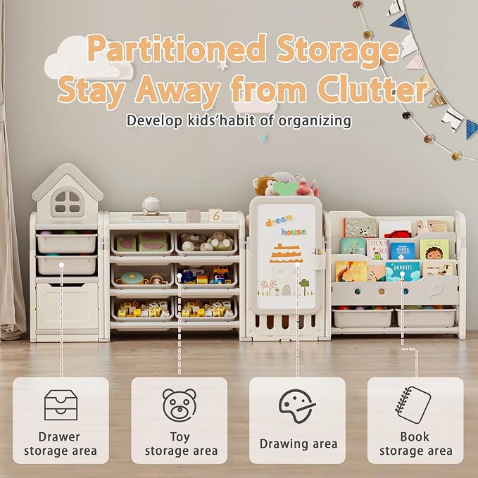 Kids Toy Storage Organizer with 10 Removable Bins, Foldable Toy Organizers and Storage with 3-Tier Bookshelf for Kids Toy Storage Organizer with Drawing Board, Extra 3 Brushes (4 In 1 Off-white) - Image 5