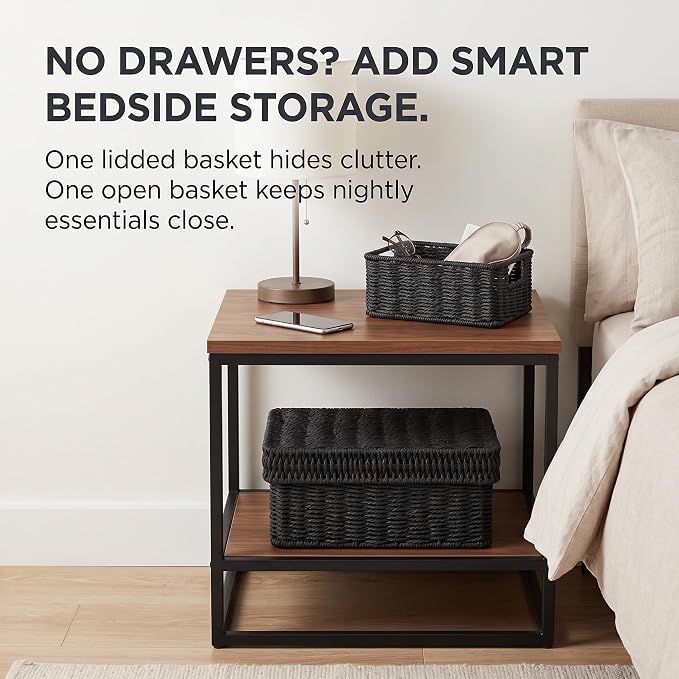Wicker Storage Basket with Lid for Shelves, Set of 2, Black | One rectangular wicker basket with lid and one open basket for decorative shelf storage; removable lid flips into a tray. - Image 5