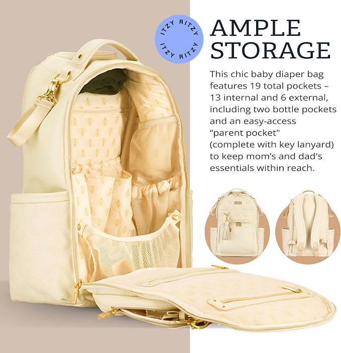 Itzy Ritzy Boss Plus Diaper Bag Backpack with 19 Pockets (Milk & Honey) | Large Diaper Bag Backpack Includes 2 Insulated Bottle Pockets, Changing Pad, Stroller Clips, Padded Straps, Travel-Ready - Image 4
