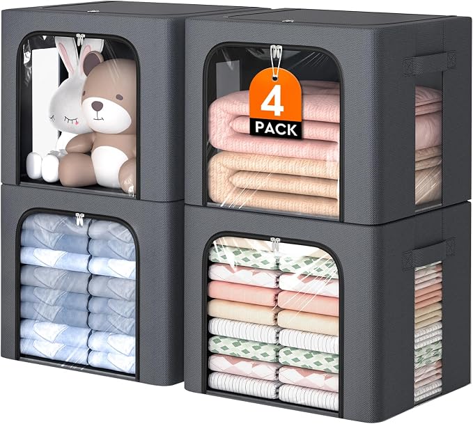 Metal Frame Clothes Storage Bins, Light Grey, 40L, 4 Pack | Foldable Storage Boxes with Clear Window, Front & Top Zipper Openings, Stackable Organizer with Handles for Closet & Bedroom by EpicTotes