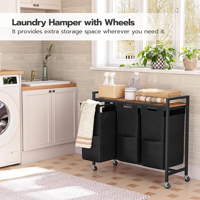 HOOBRO Laundry Sorter 3 Section, Laundry Hamper with Wheels, 3 × 11.5 Gal (43.5 L), Rolling Laundry Basket, Pull-Out and Removable Oxford Fabric Laundry Bags, Rustic Brown and Black BF76XY01 - Image 2