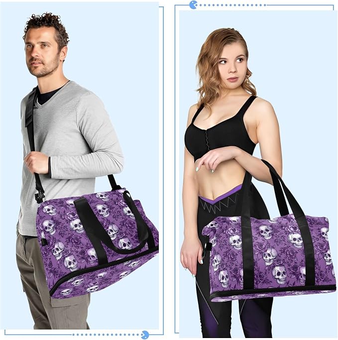 Travel Duffel Tote Bag Purple Rose Skull Sports Duffel Bag with Wet Pocket Weekender Overnight Bag for Women Men Gym Bag, Carry On Bag Hospital Bag for Labor and Delivery - Image 4