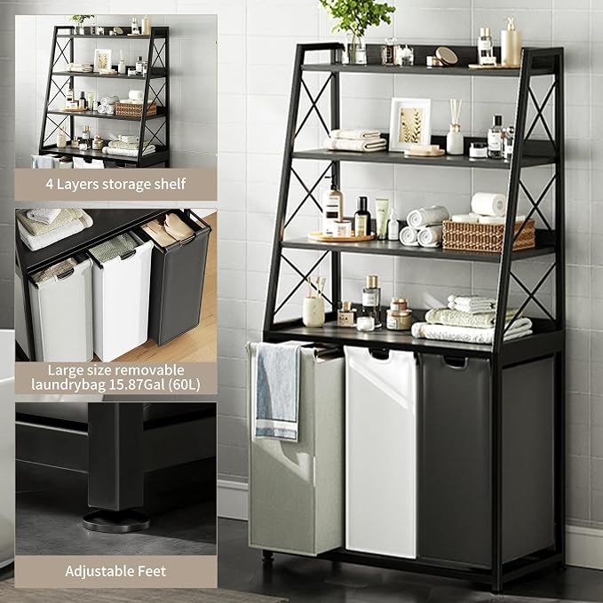 Herture Laundry Basket, 3 Section Laundry Hamper with 4 Tiers Shelf, Pull-Out and Removable Laundry Bags, Large 3 x 15.87 Gallons, for Laundry Room Bathroom Black PF05XLK - Image 4