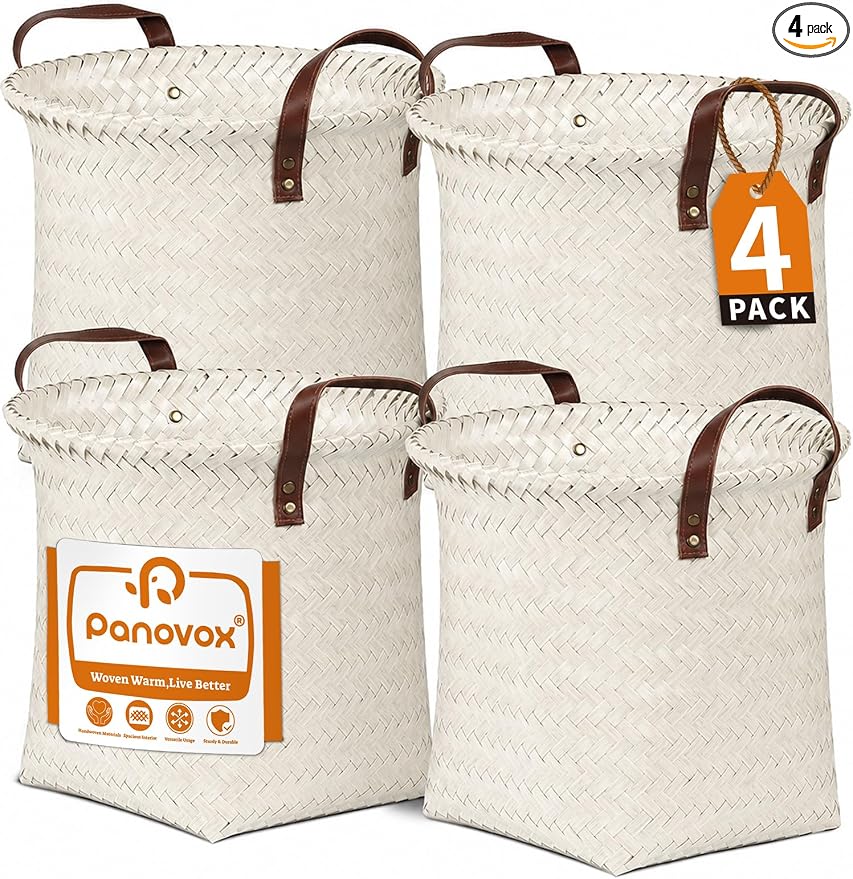 Wicker Storage Baskets, 4 Pack Woven Baskets for Shelves, White | PP Rattan, Water-resistant Wicker Basket, Large Baskets with Faux Leather Handles for Blanket, Laundry Organizer, Room Decor by Panovox
