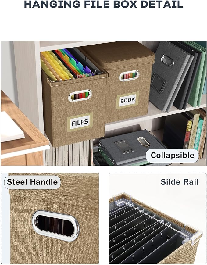 File Organizer Box with Lid, Hanging Filing File Box with Mesh Pocket, Document Organizer Box for Letter Files, Portable Storage Box with Smooth Sliding Rail for Office&Home(1 PCS, Khaki) - Image 5