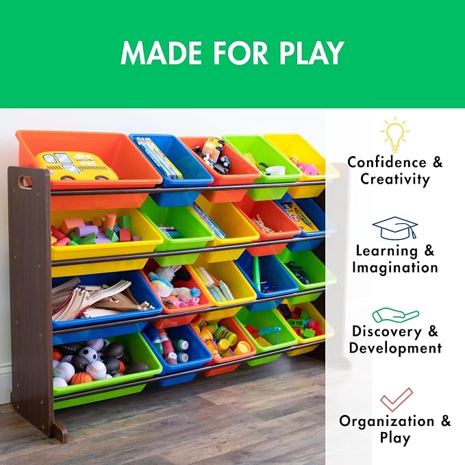 Humble Crew Extra-Large Toy Organizer with 20 Plastic Bins – Dark Walnut/Neon Storage Rack with 4-Tier Shelves, Anti-Tip Safety, for Kids’ Rooms, Playrooms, Nurseries & Classrooms - Image 5